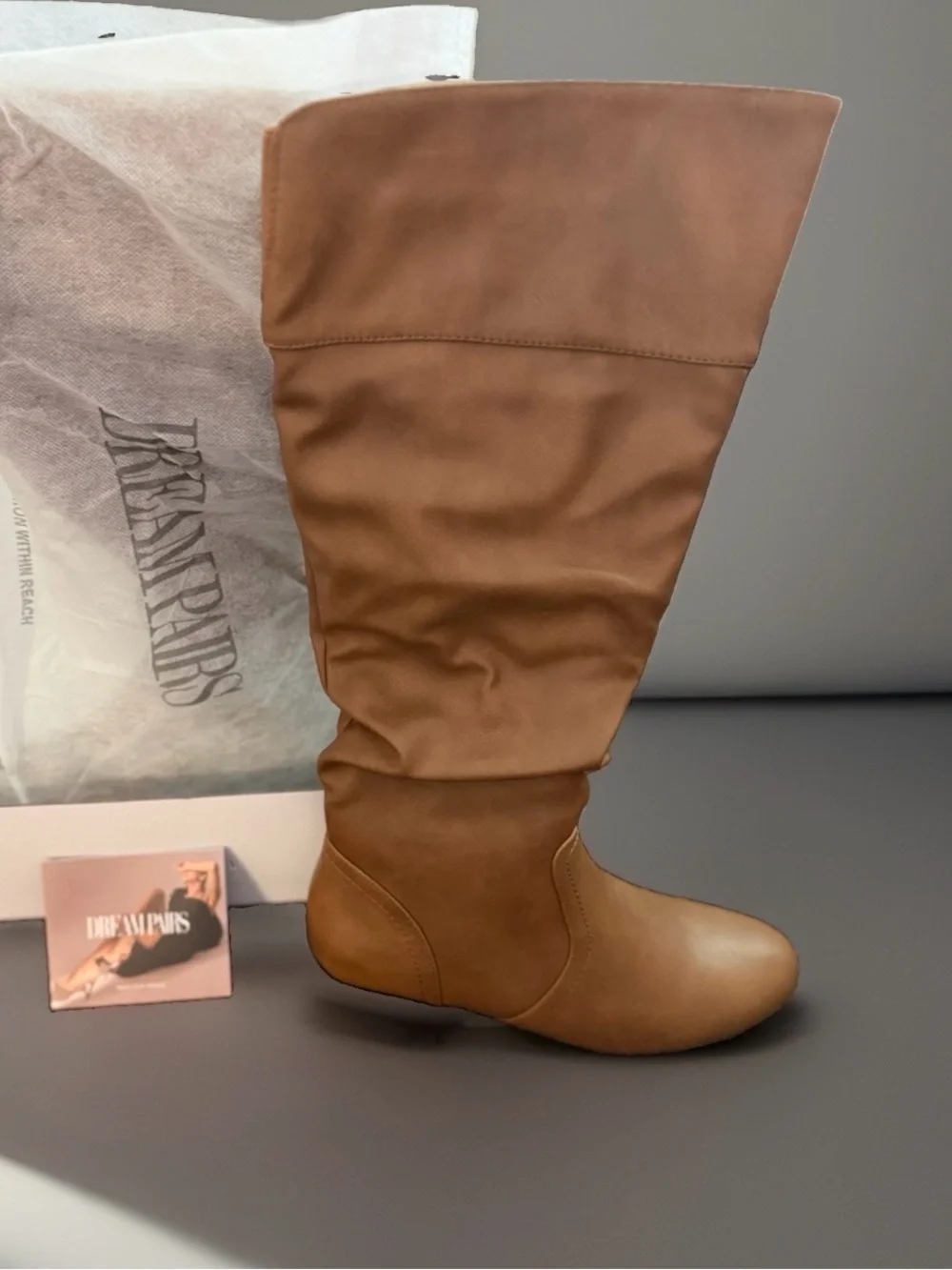 DREAM PAIRS Tan Brown Knee High Slouchy Boots Low Heel